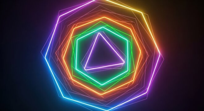 Vibrant Neon Hexagon Tunnel with Glowing Triangle Core