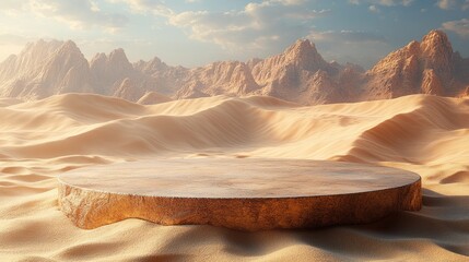Golden Hour Desert Landscape with Circular Stone Podium and Majestic Mountains Under a Cloudy Sky