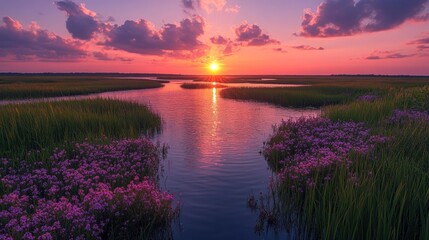 Obraz premium Vibrant Sunset over Winding Marsh River with Purple Wildflowers and Dramatic Clouds Reflected in Tranquil Waters