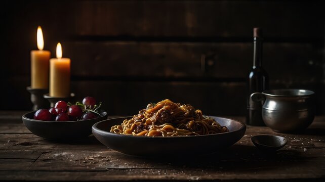 Romantic dinner setting with candles, wine and a hearty stew on wooden table - Powered by Adobe