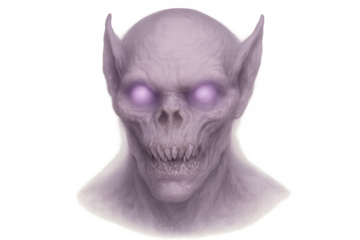 Ghoulish vampire head revealing sharp fangs, menacing glowing eyes piercing through transparent background, embodying halloween horror aesthetic