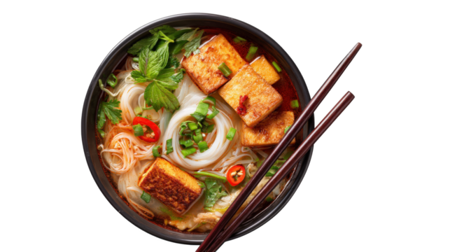 Bowl of tofu rice vermicelli noodle soup, top down. Vietnamese food cuisine isolated on a white background