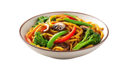 Bowl of tofu rice vermicelli noodle soup, top down. Vietnamese food cuisine isolated on a white background