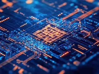 Obraz premium Highly detailed close-up of a modern electronic circuit board featu integrated circuits, microchips, conductive pathways, and glowing LED indicators for technology and electronics design