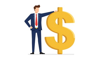A businessman stands beside a large golden dollar sign, signifying financial success and prosperity.