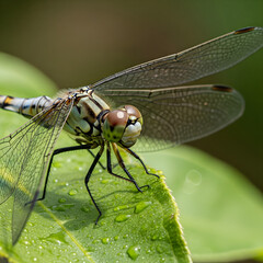 "Close-up macro shot of a dragonfly resting on a fresh green leaf with water droplets, showing intricate wing details, natural textures, and vivid colors in sharp focus"