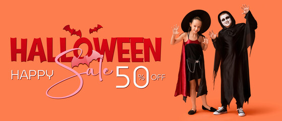 Obraz premium Scary kids dressed for Halloween on orange background