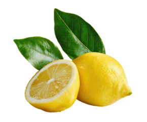 Close-up of two lemons, one whole and one sliced, with vibrant green leaves