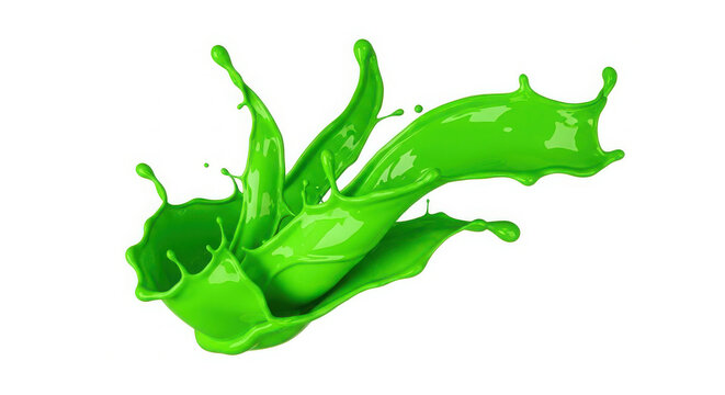 Vibrant green liquid splashing dynamically against a clean white background