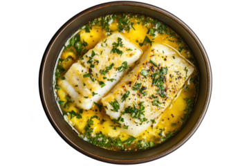 Delicious pan fried cod fish fillets with butter sauce and fresh herbs in bowl, seafood dish, gourmet cuisine, food photography isolated on transparent background