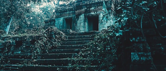 Obraz premium Ancient temple steps overtaken by foliage, bathed in muted blue tones