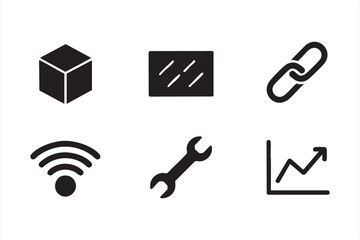 Vector Icon Pack Featuring Cube, Chain Link, Window, and Digital Tools