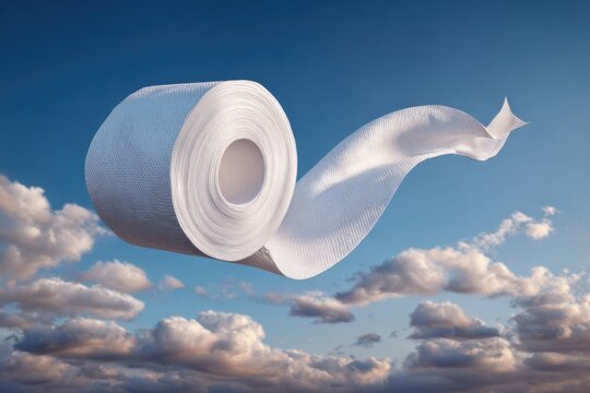 Floating toilet paper roll sky digital art clouds aerial view creative design for fun
