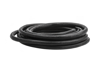 Coiled black braided hose pipe flexible rubber tube plumbing conduit cable wire isolated on transparent background