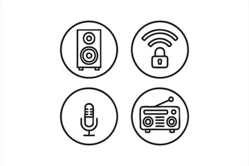 Minimal Circle Vector Icons of Sound, Broadcast, and Media Security