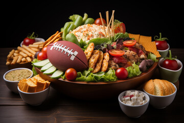 Delicious football party platter featuring variety of snacks and fresh produce for enjoyable gathering