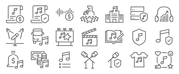 Streaming Music Business icon set. It included royalty, licensing, concert, single, and more icons. Editable Vector Stroke.
