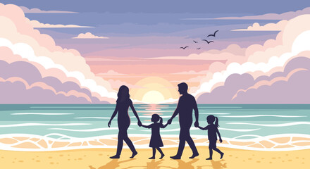 Fototapeta premium Flat Design Silhouette Family Walking on Tropical Beach at Sunset Scenery