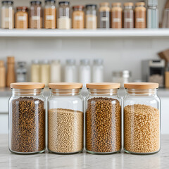 Four glass canisters with bamboo lids hold various grains and legumes, sitting on a kitchen counter before a shelf of pantry staples