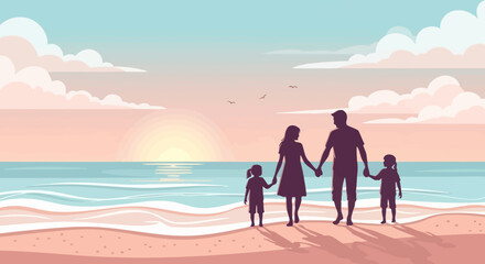 Fototapeta premium Silhouette Illustration of Happy Family Walking on Beach at Sunset Artwork