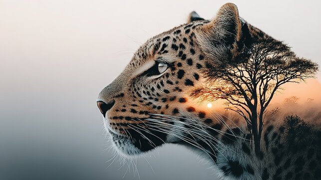 Leopard head profile with tree silhouette overlay against a blurred background.