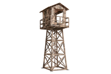 Camouflaged Wooden Hunting Stand Tower on Transparent Background
