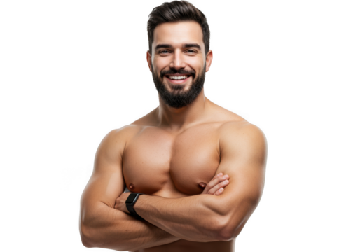 Muscular man with beard smiling confidently with arms crossed fitness motivation transparent background