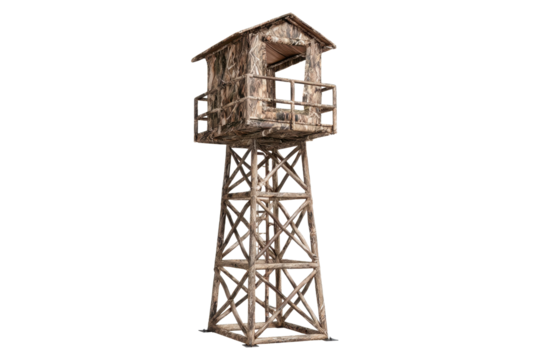 Camouflaged Wooden Hunting Stand Tower on Transparent Background