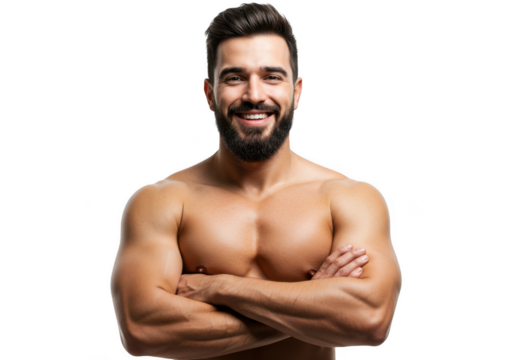 Muscular man with beard arms crossed smiling confidently ready for fitness challenges transparent background