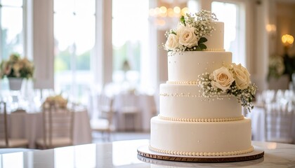 A pristine multi-tier wedding cake, adorned with delicate roses and pearls.