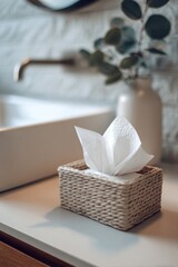 Decorative tissue holder display in a modern bathroom clean and minimalist design relaxed atmosphere
