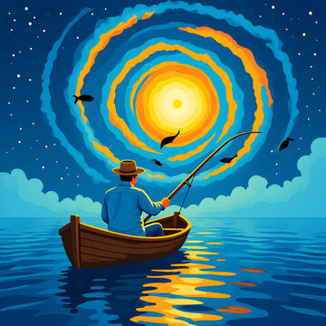 Surreal illustration of a fisherman in a wooden boat gazing at a glowing spiral sky with birds, stars, and reflections &mdash; dreamy night fantasy artwork