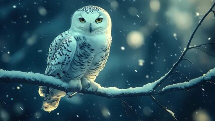 Snowy owl perched on snowy branch in winter night - Powered by Adobe