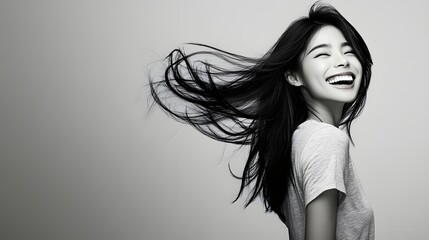 Asian woman smiling on gray