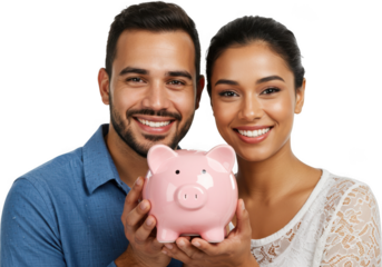Couple holding piggy bank together symbolizing financial planning and savings for future goals transparent background