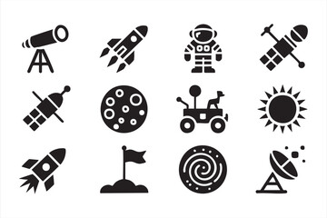 Fototapeta premium Astronomy solid icon set with rockets and telescope