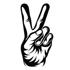 Black and white vector illustration of a hand giving the peace sign