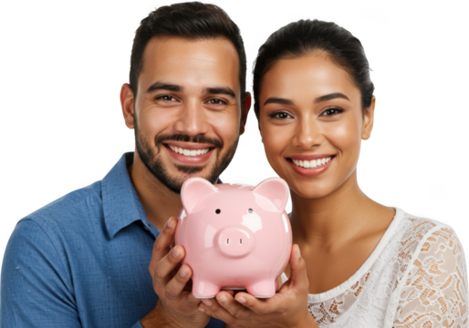 Couple holding piggy bank together symbolizing financial planning and savings for future goals transparent background