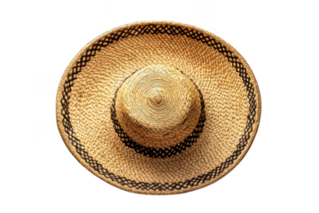 Woven straw hat with black geometric pattern, summer headwear, traditional sun hat, fashion accessory, head cover, isolated on transparent background