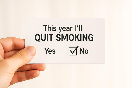 Hand holding card message this year I will quit smoking choice yes no tick box decision unhealthy habit tobacco addiction awareness lifestyle health warning stop cigarette risk prevention motivation r