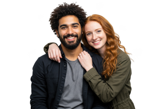 Smiling couple embracing joyfully captures a moment of connection and happiness transparent background - Powered by Adobe