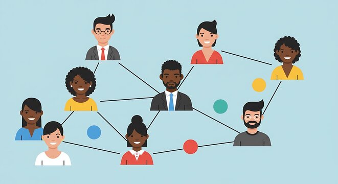 A diverse group of people connected by a network of lines, showcasing interpersonal relationships and communication.