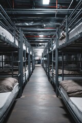 Fototapeta premium A row of bunk beds in a homeless shelter where individuals finally rest safely The mood feels quiet and secure, Generative AI