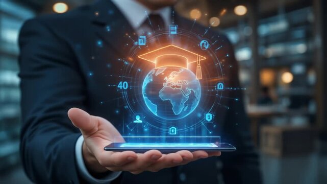 A futuristic technology showcase of educational business services. A businessman holds a virtual education icon with a graduation cap and a hologram of the digital world. 4K video.