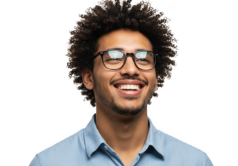 Happy man with glasses laughing joyfully showing teeth and smiling warmly transparent background