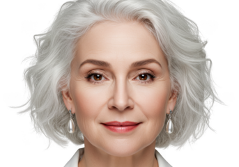 Portrait of an elegant mature woman with white hair and pearls embracing her natural beauty transparent background