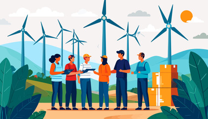 Obraz premium Team of workers discussing wind turbine energy project.