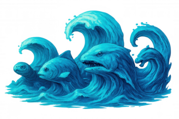 Marine wildlife swimming through stylized blue ocean, shark, fish, turtle representing underwater ecosystem conservation