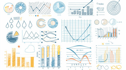Hand-drawn business charts. Sketch style graphs and diagrams. Creative infographic set for reports and presentations. Isolated on transparent background, png