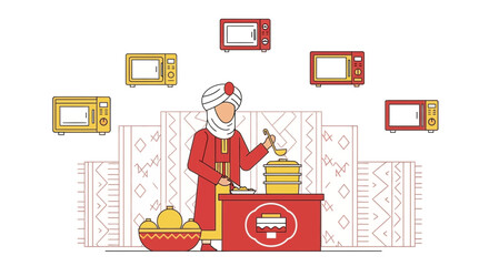 Chef preparing food under floating microwave ovens in kitchen illustration